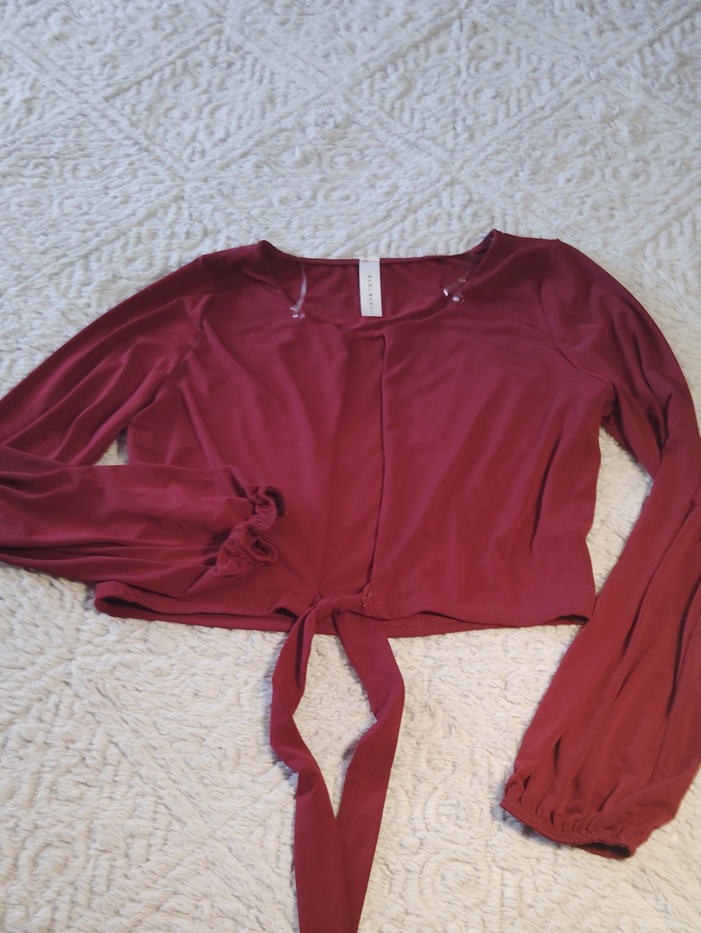 Blue Blush Burgundy Long Sleeve Tie-Front Crop Top